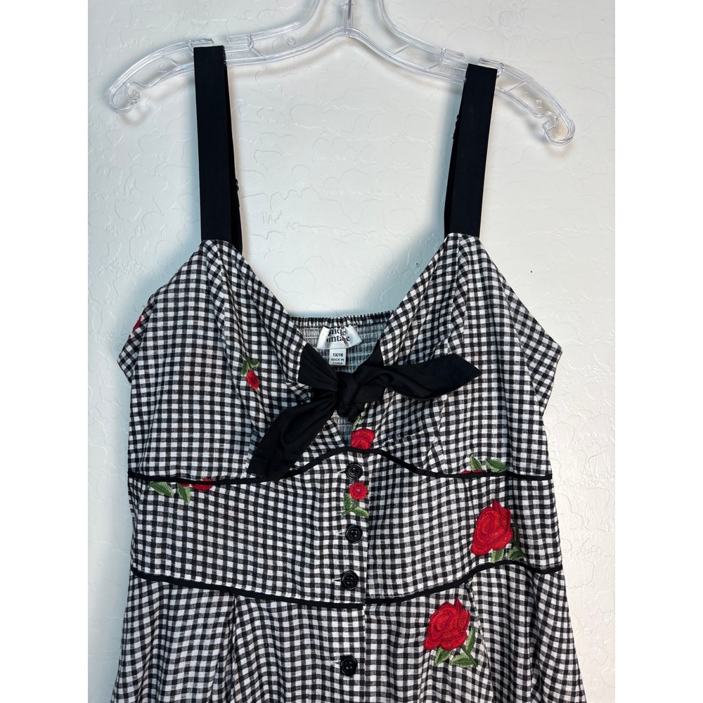 Unique Vintage Black & White Gingham Midi Dress with Red Rose Embroidery - Picture 2 of 6